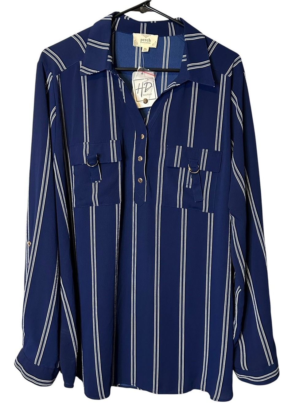 Perch by Blu Pepper Navy Vertical Stripe Button-Front Blouse 3XL Nautical Resort